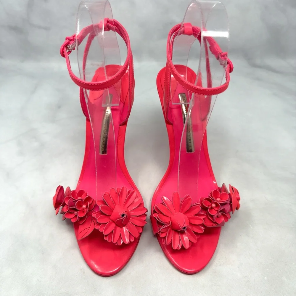Sophia Webster Lilico Floral Leather Ankle Strap Stiletto Sandal Heels Pink 37.5